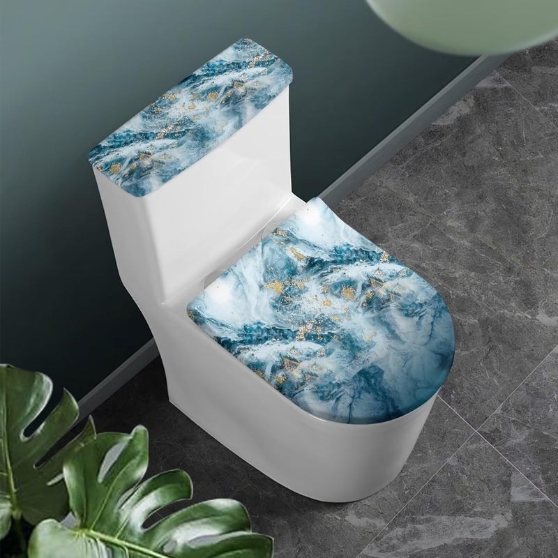 CREAMIC Blue Marble Print Toilet Lid Cover and Toilet Tank Cover 2Pcs Toilet Seat Cover and Tank Lid Covers Stretch Toilet Covers Set for Bathroom Fits Most Toilet Tanks & Lids - Image 1
